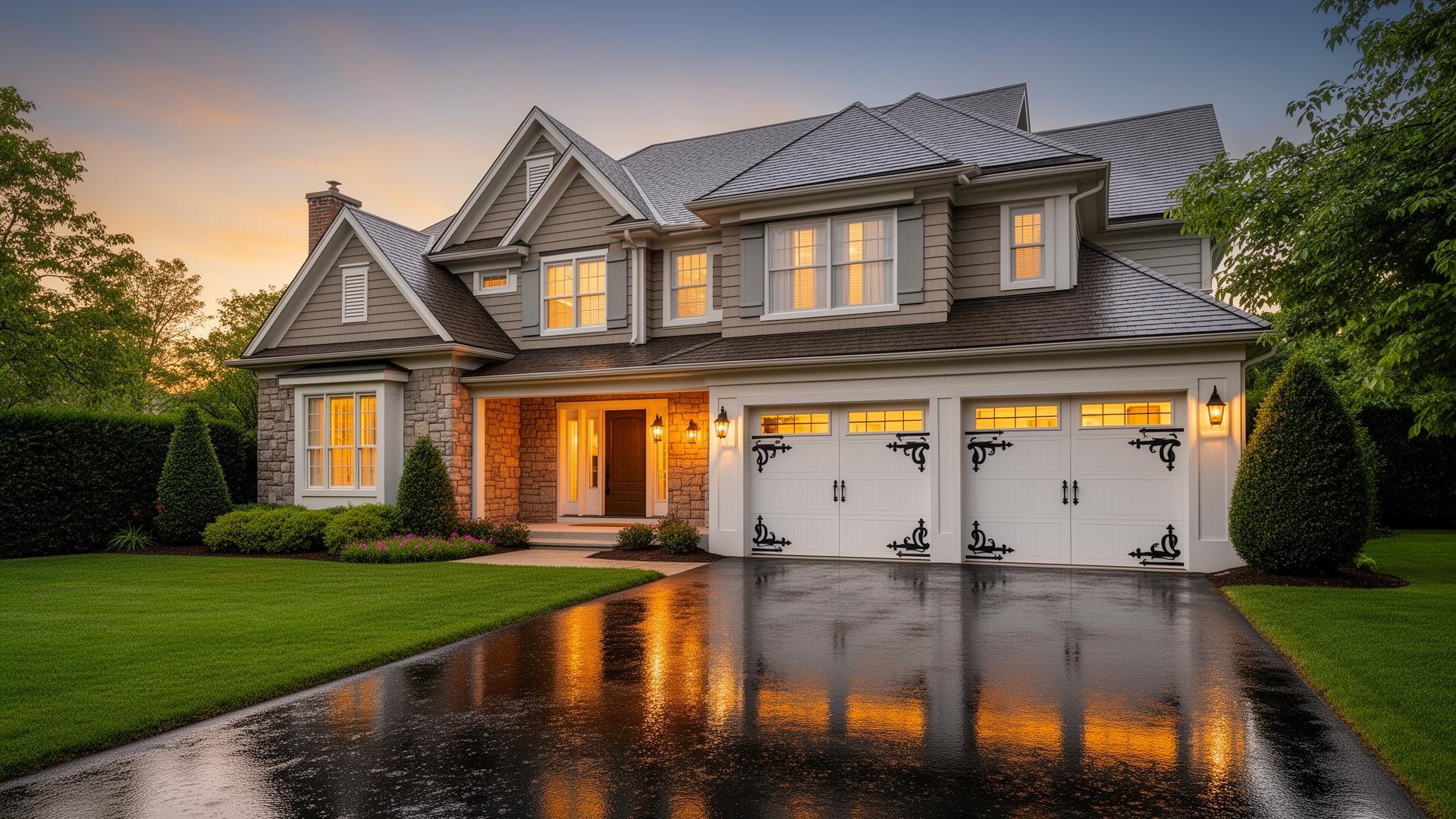 Beautiful two-story home with classic carriage house garage doors featuring decorative iron hardware